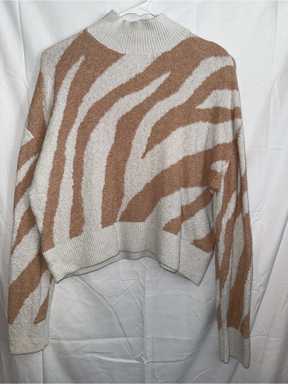 Cozy Zebra-Stripe Mock Neck Sweater - Cream & Brown- Size M